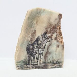 Vintage One-of-a-Kind Wolf Hand Painted Cimarron Alabaster Stone NATIVE AMERICAN